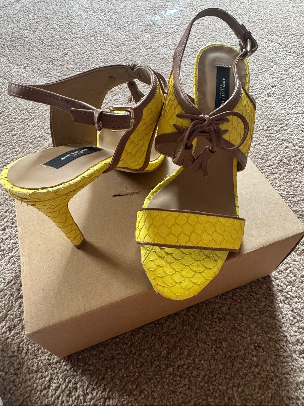 Ann Taylor Leather Yellow  Textured Heeled Sandals with Brown Straps